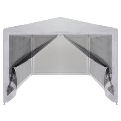 White and black party tent with mesh sidewalls, measuring 157.5 by 118.1 inches.