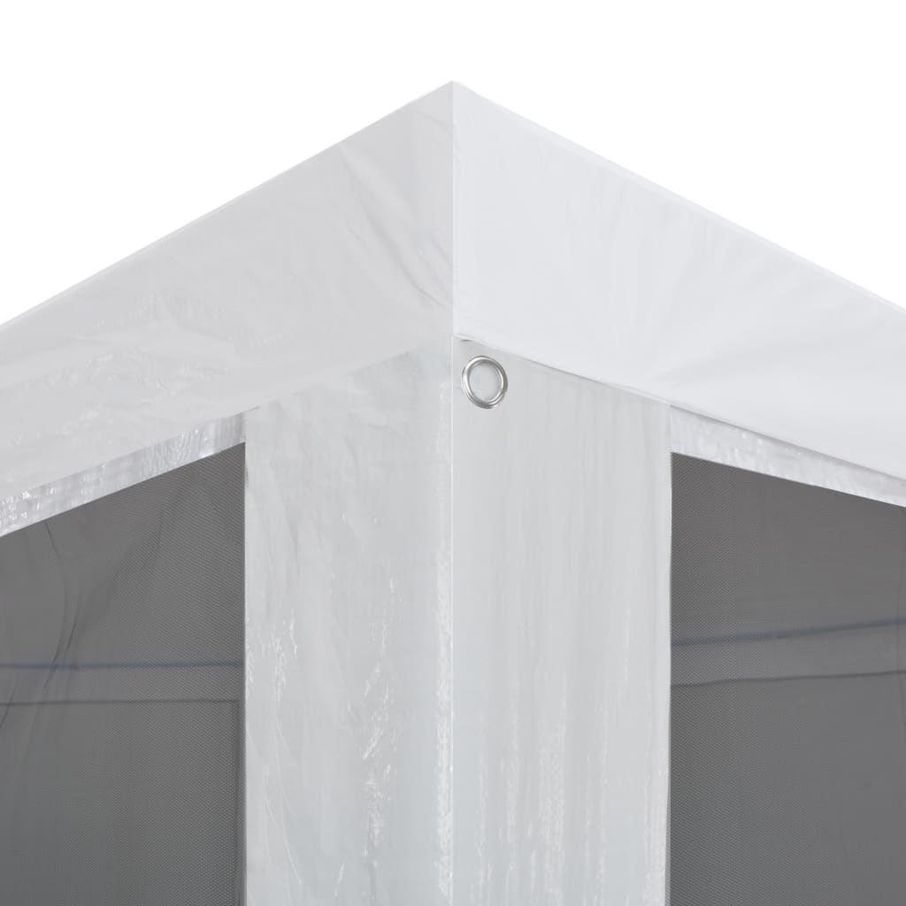 Close-up of white canopy corner on Bostome party tent with mesh sidewalls.