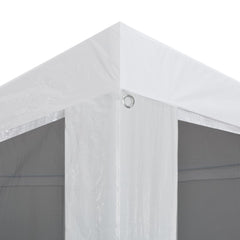 Close-up of white canopy corner on Bostome party tent with mesh sidewalls.