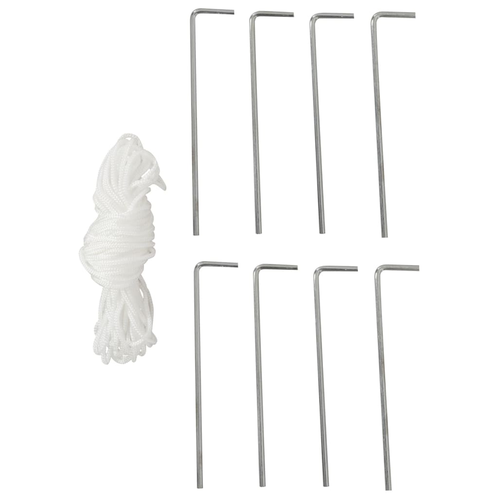 Set of 10 metal tent stakes and a coil of white rope for securing a party tent.