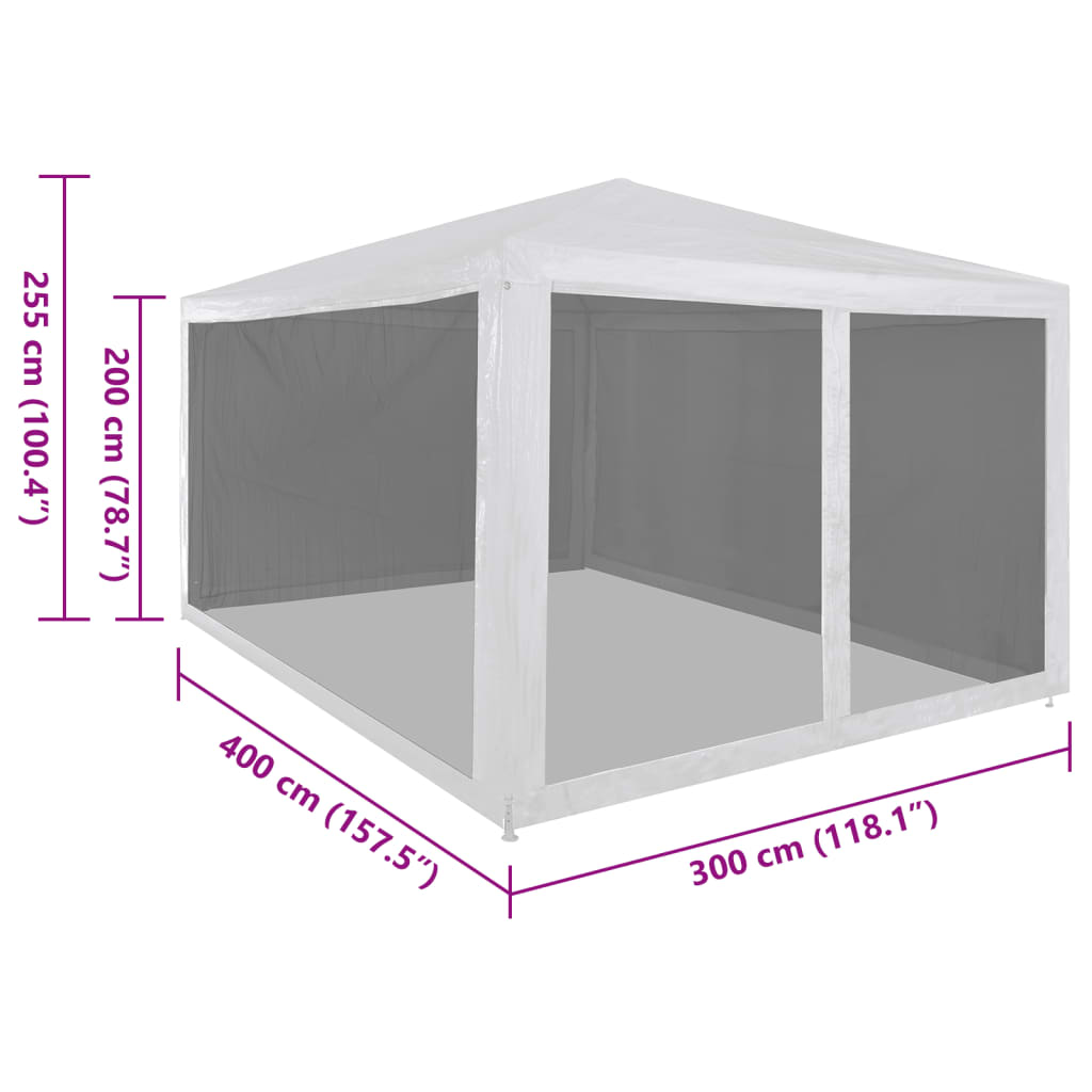 White party tent measuring 157.5x118.1 inches with four mesh sidewalls and dimensions shown.
