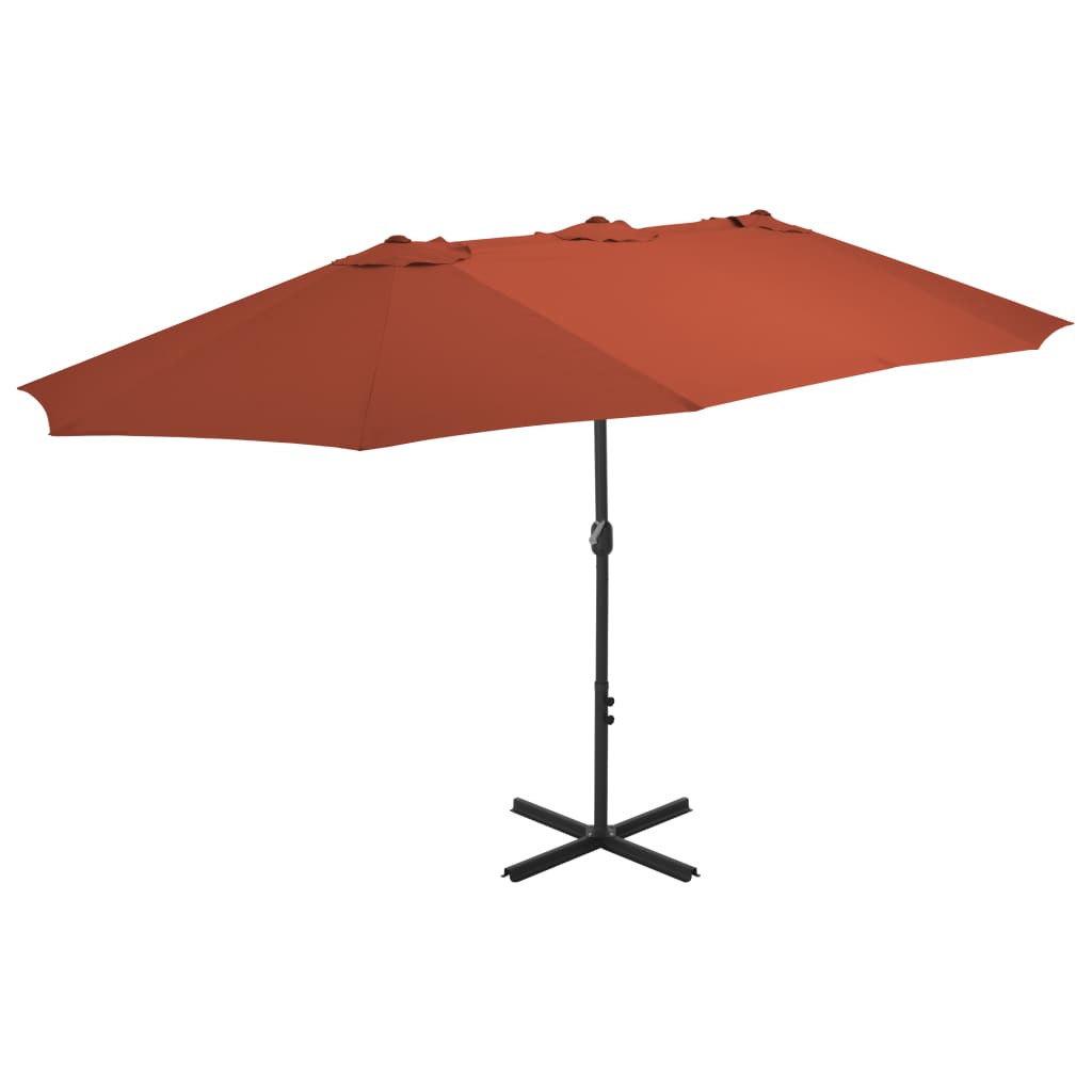 Terracotta garden parasol with aluminum pole, 181x106 cm canopy, on cross base.