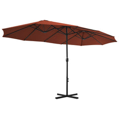 Terracotta garden parasol with aluminum pole, 181x106 cm canopy and cross base.