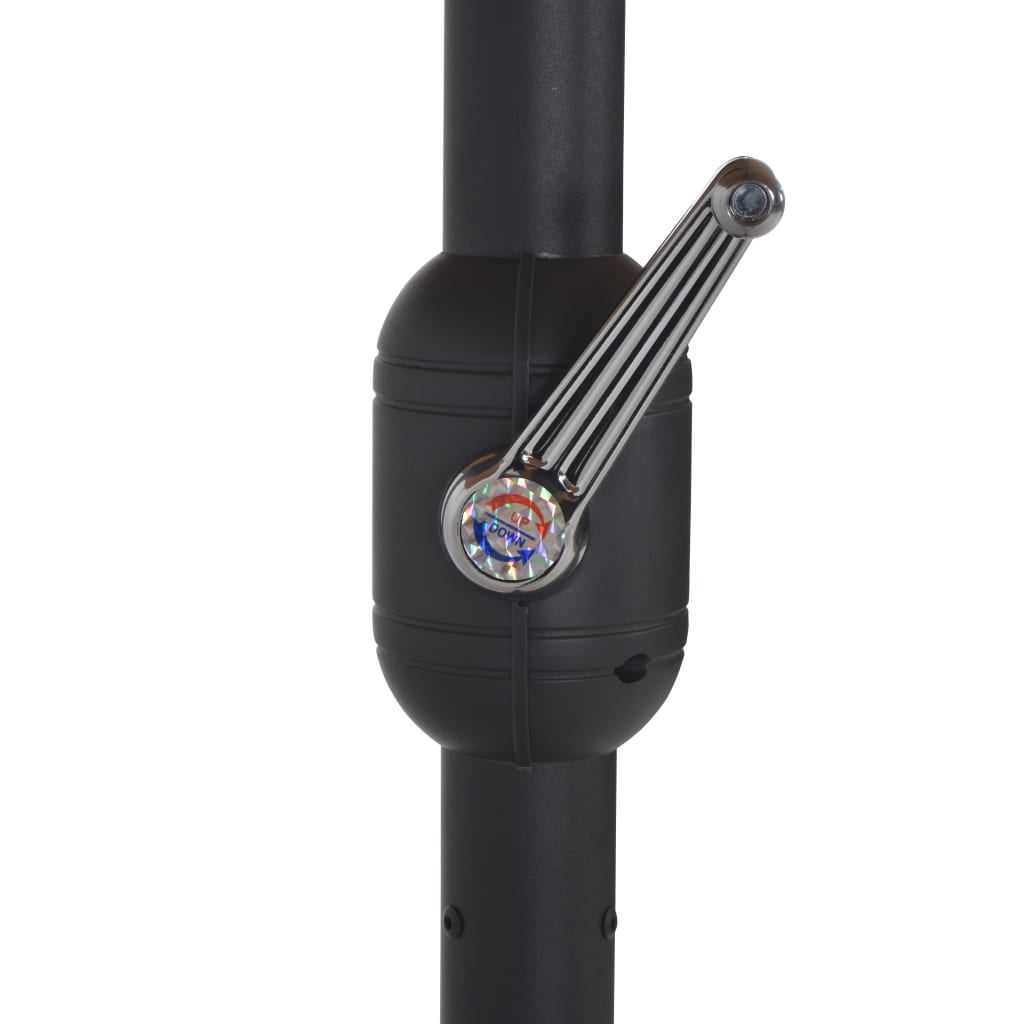 Close-up of black garden parasol pole with crank handle and joint.