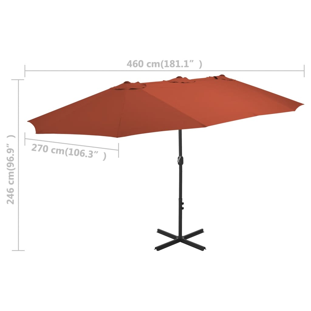 Terracotta garden parasol with aluminum pole, 181x106 inches, on square base.