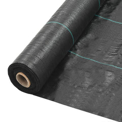 Rolled black polypropylene weed control mat with green stripes, 6.6 feet by 164 feet.