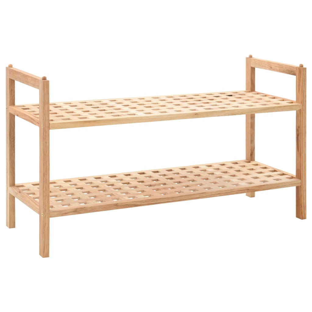 Two-shelf solid walnut wood shoe rack with latticed shelves and natural finish.