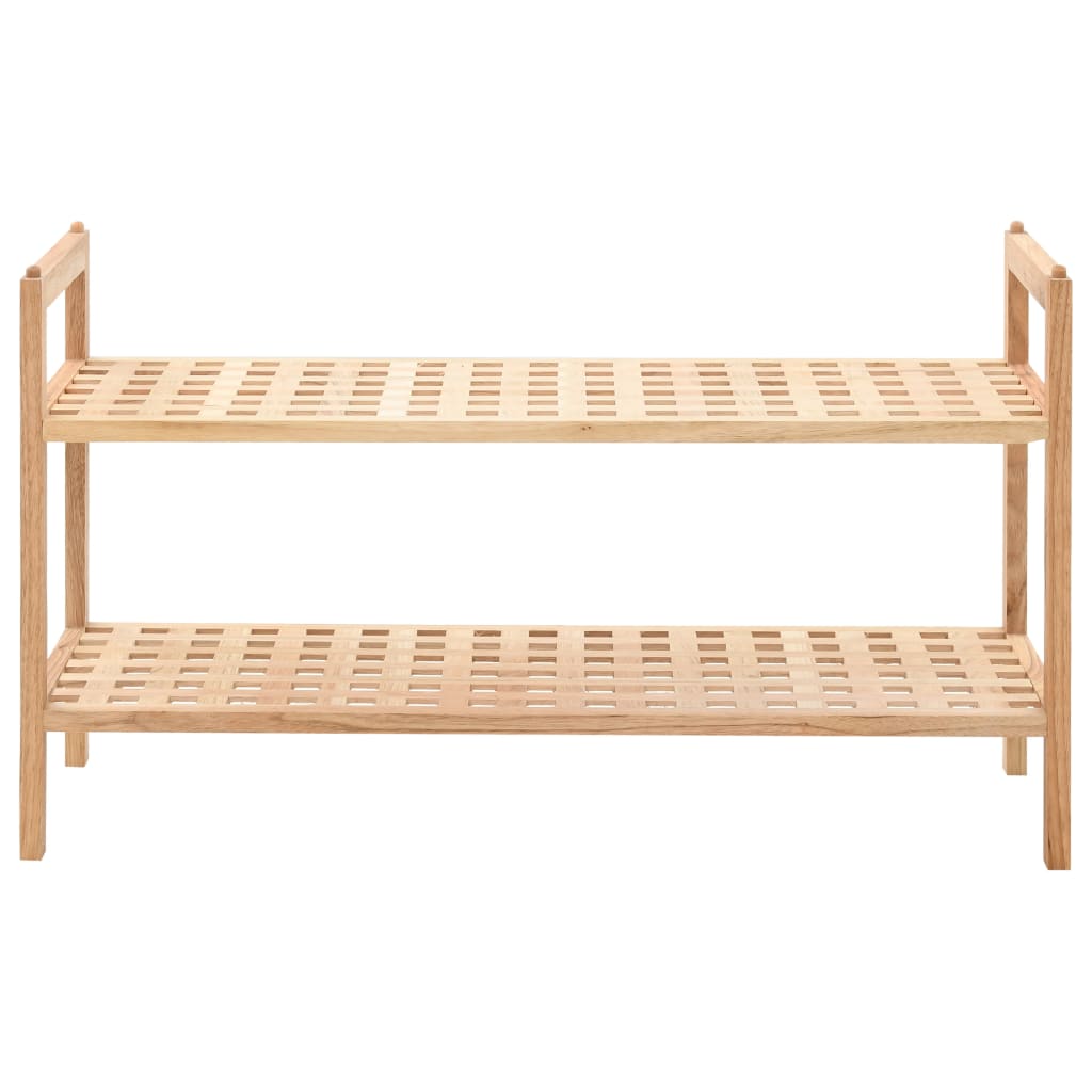 Two-shelf shoe rack made of solid walnut wood with latticed shelves.