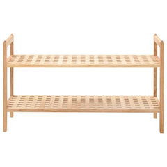 Two-shelf shoe rack made of solid walnut wood with latticed shelves.