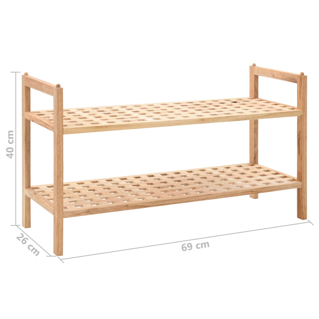 Two-shelf solid walnut wood shoe rack measuring 27.2 by 10.2 by 15.7 inches.