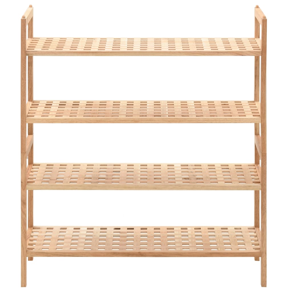 Four-shelf solid walnut wood shoe rack with latticed shelves and natural finish.