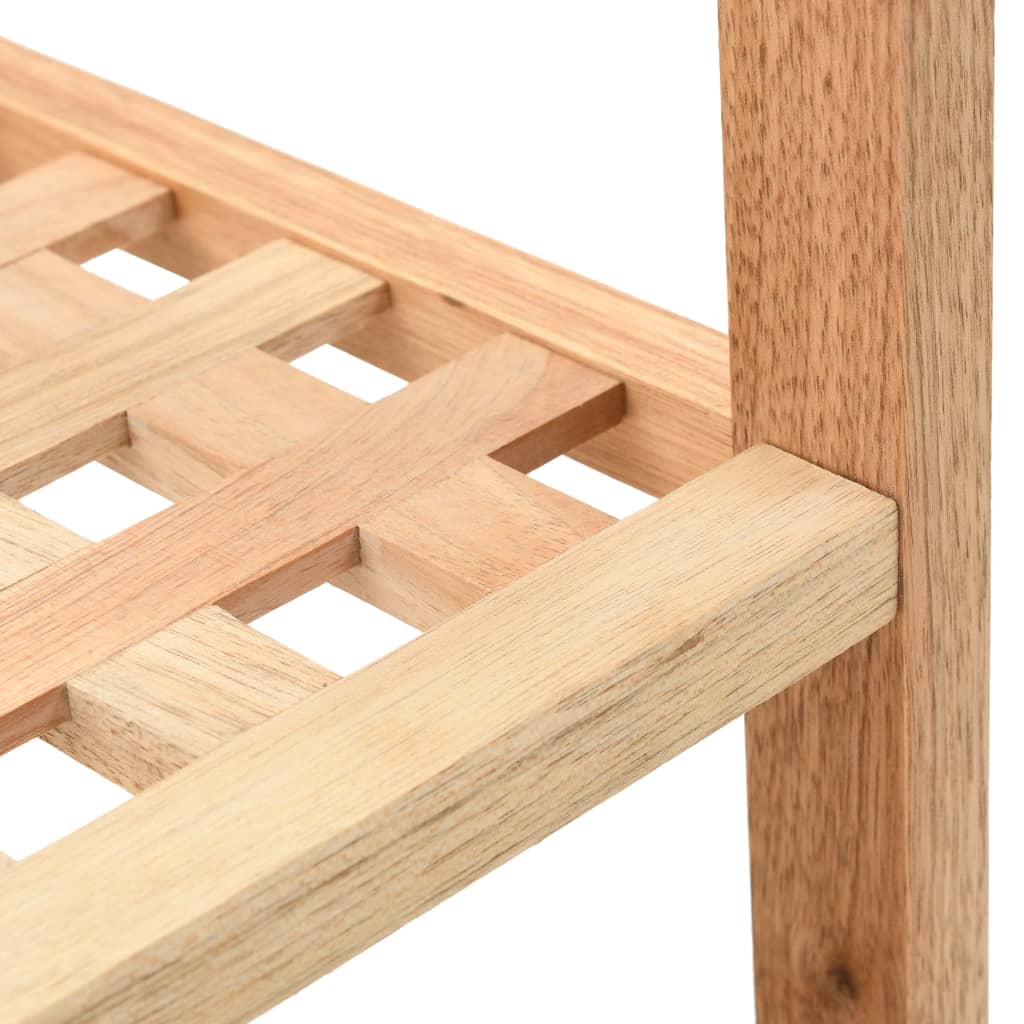 Close-up of Bostome solid walnut wood shoe rack with latticed shelves and vertical support post.