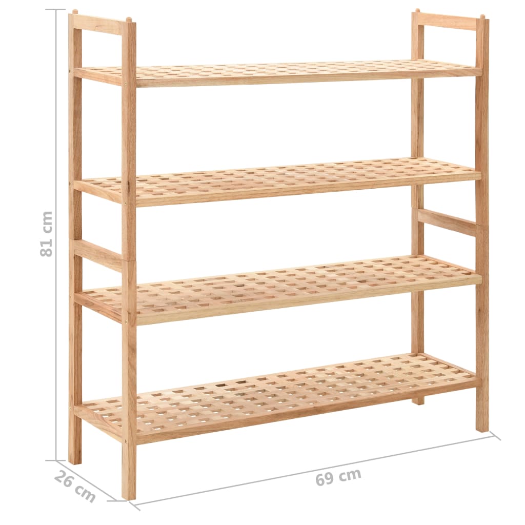 A 4-shelf solid walnut wood shoe rack with latticed shelves, measuring 27.2 x 10.2 x 31.9 inches.