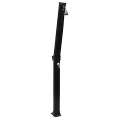A black foldable solar pool shower with a silver shower head and temperature dial.