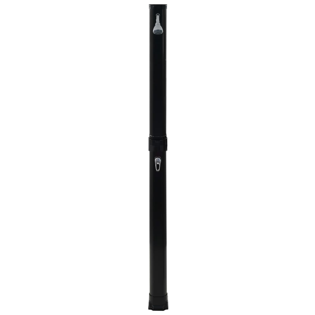 A black foldable solar pool shower with a showerhead and temperature dial.