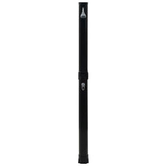 A black foldable solar pool shower with a showerhead and temperature dial.