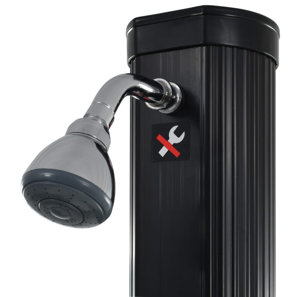 A black solar pool shower with a chrome shower head and a "no tools" sticker.