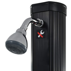 A black solar pool shower with a chrome shower head and a "no tools" sticker.