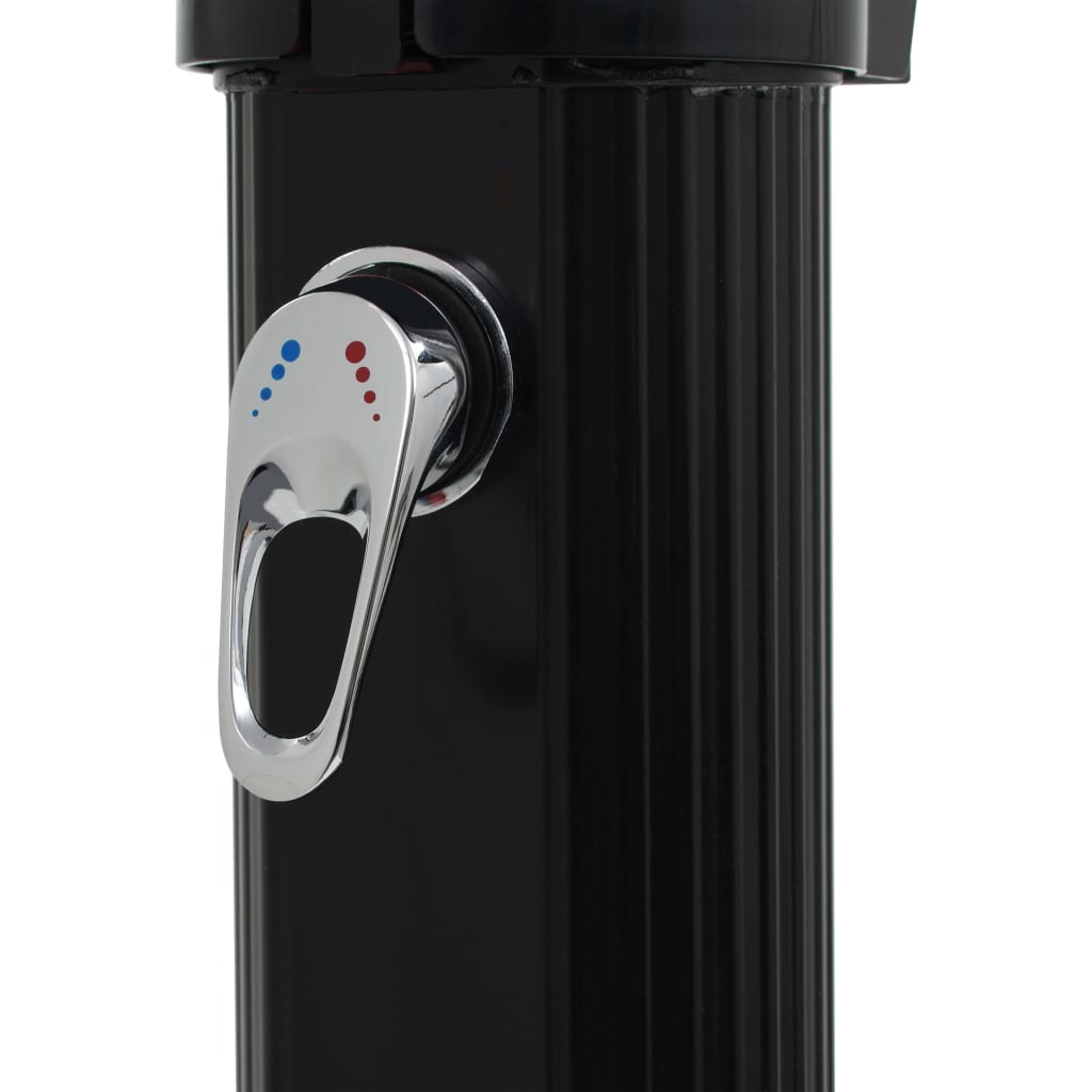 A close-up of a black solar pool shower with a chrome temperature control handle.