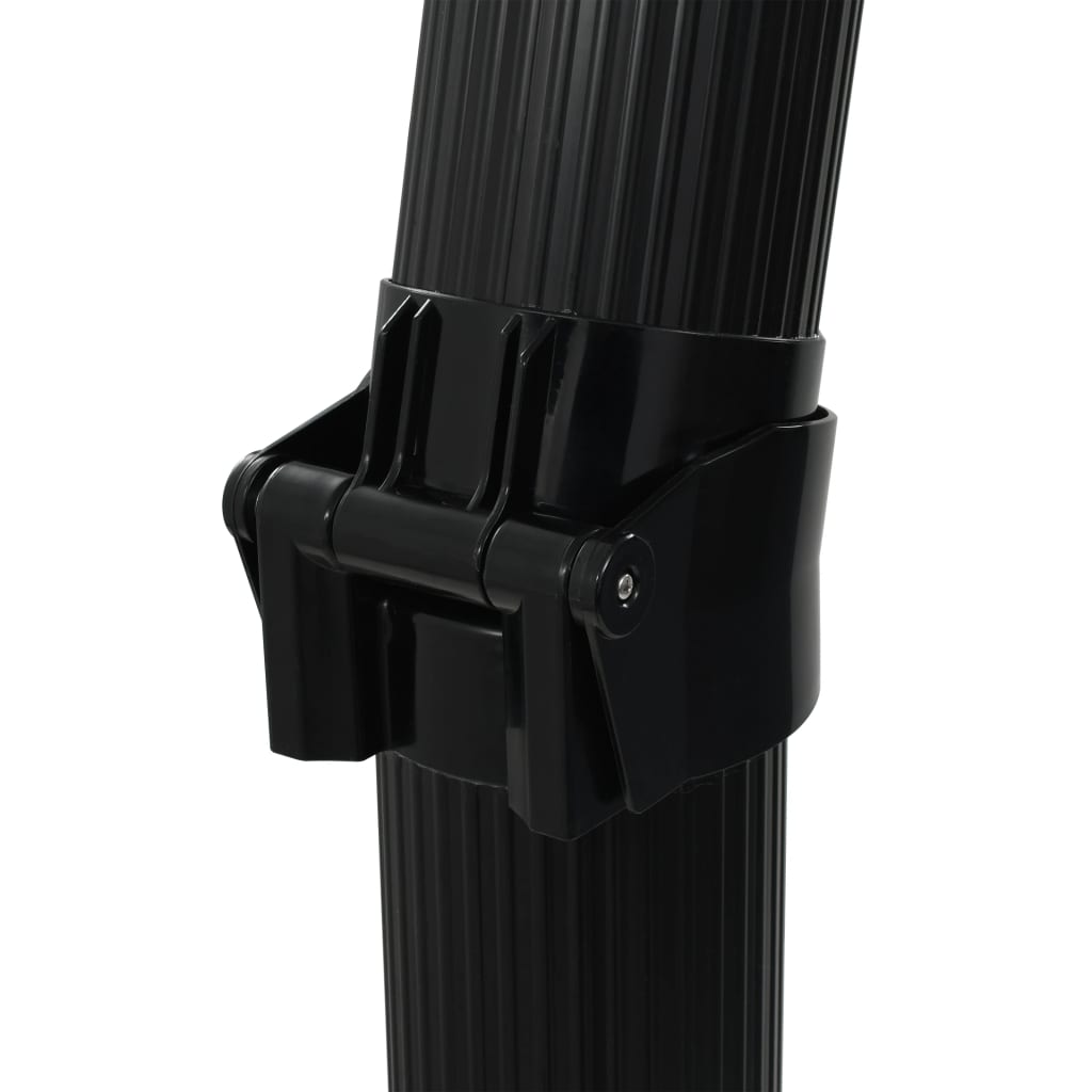 A close-up of the black foldable solar pool shower's hinged connection point.