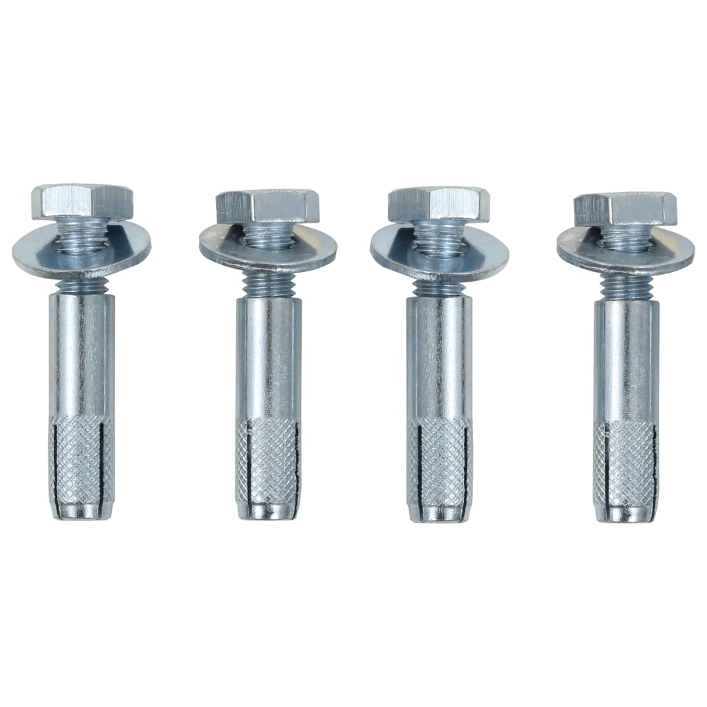 Four silver-colored metal anchor bolts with hexagonal heads and washers are shown.