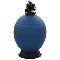 Blue Bostome pool sand filter with 6-position valve, round tank on black base.