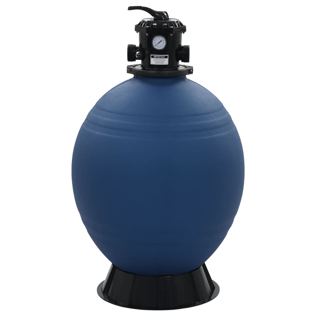 Blue oval pool sand filter with black 6-position valve and base stand.