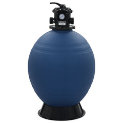 Blue oval pool sand filter with black 6-position valve and base stand.