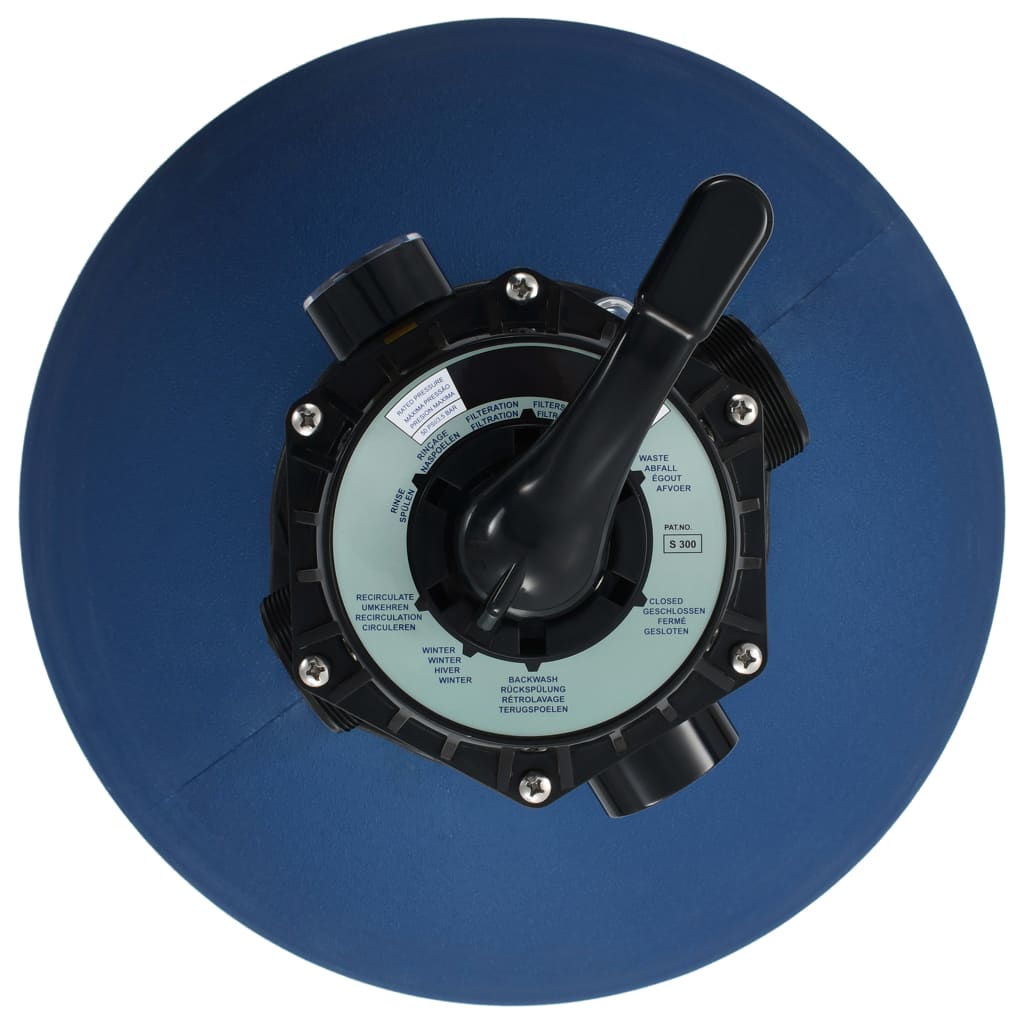 Blue Bostome pool sand filter with 6-position valve, top view showing controls and ports.