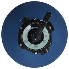 Blue Bostome pool sand filter with 6-position valve, top view showing controls and ports.