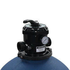 Blue Bostome pool sand filter with 6-position valve mounted on a round tank.