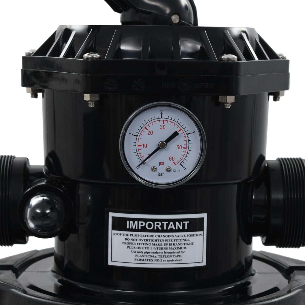 Black pool sand filter with pressure gauge and 6-position valve for water flow control