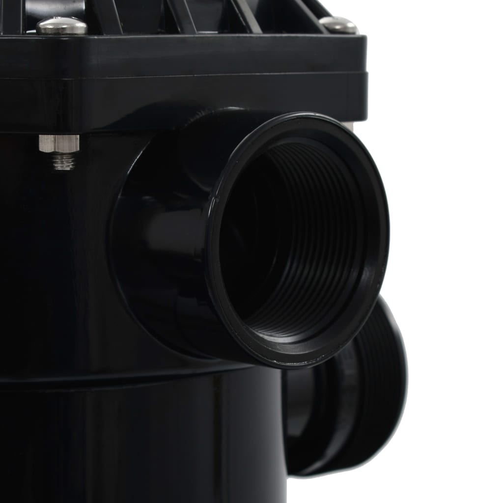 Blue Bostome pool sand filter with 6-position valve and threaded inlet port.