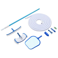 9-piece above ground pool maintenance kit with vacuum, brushes, skimmer, pole, and hose.