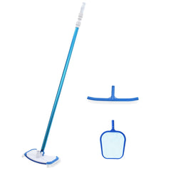 A blue and white pool cleaning kit with a pole, vacuum head, brush, and skimmer net.
