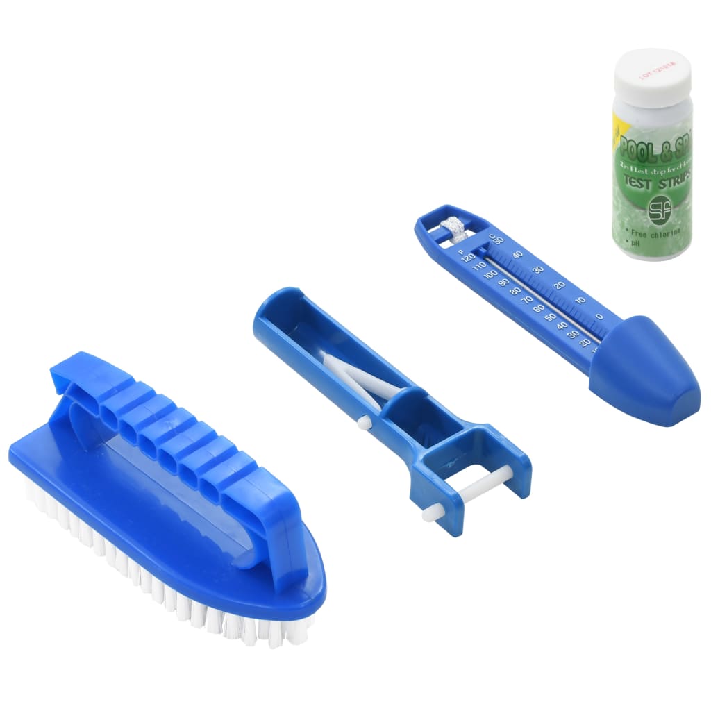 Blue 9-piece above-ground pool maintenance kit with vacuum, brush, skimmer, thermometer, test strips, and pole.