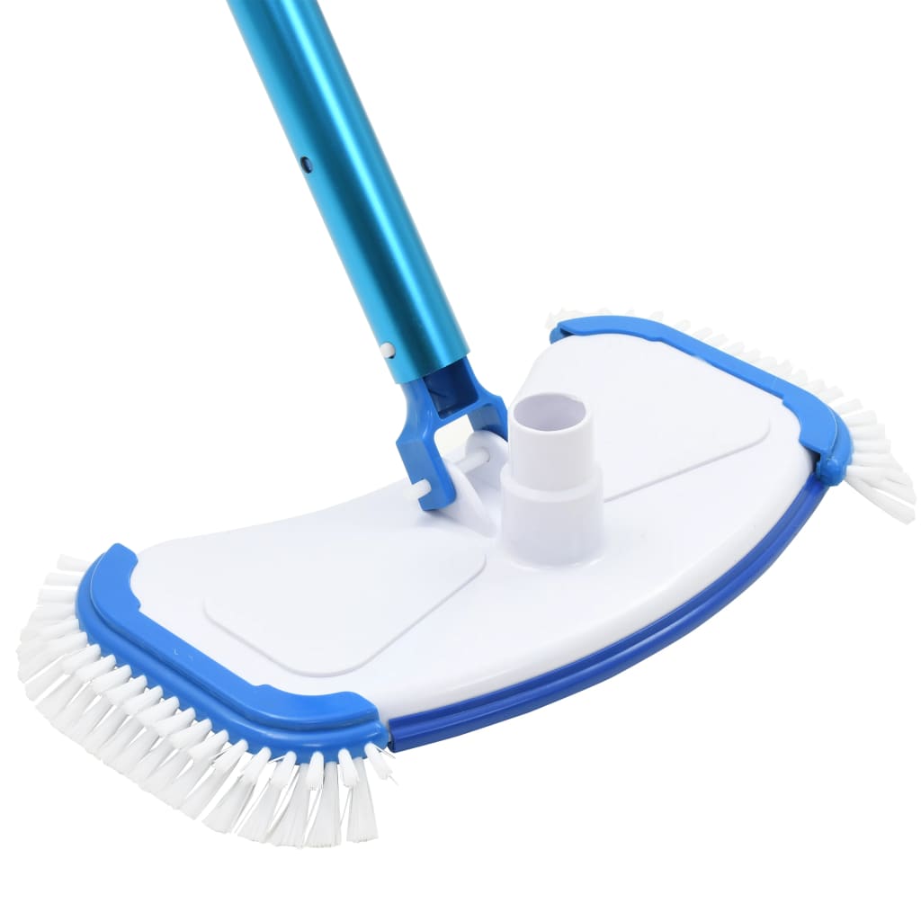 Blue-handled pool vacuum head with white mop-like brush and soft bristles for cleaning.