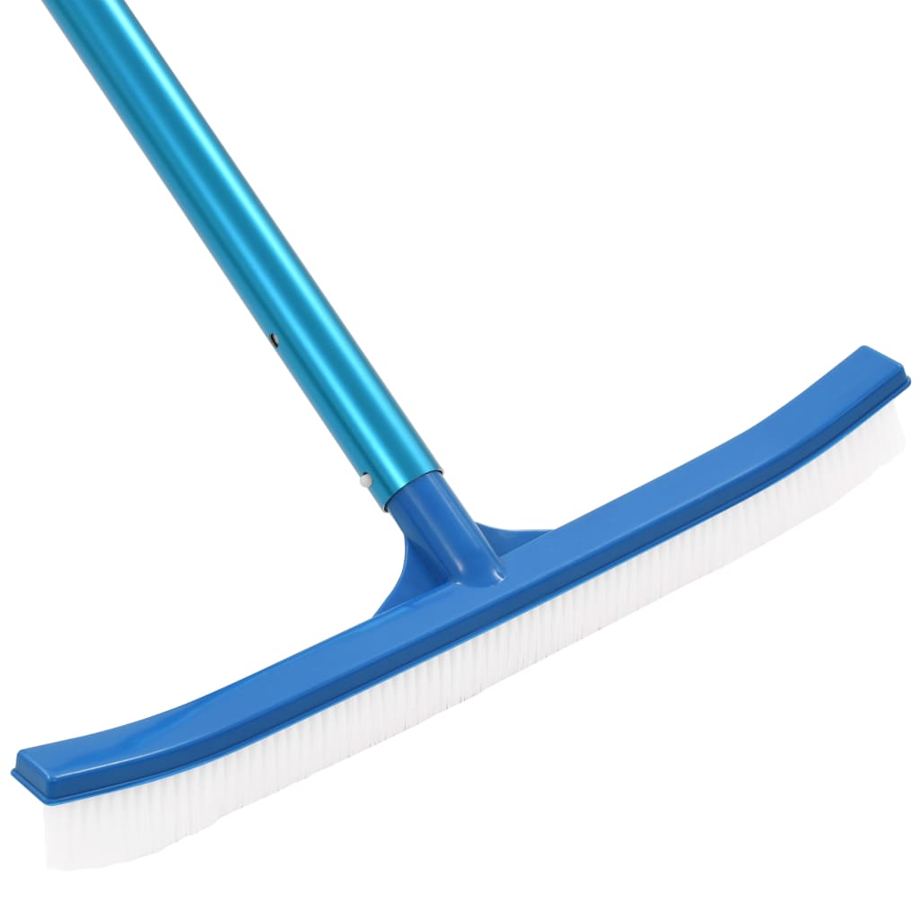 A blue pool brush with white bristles is attached to a blue pole.