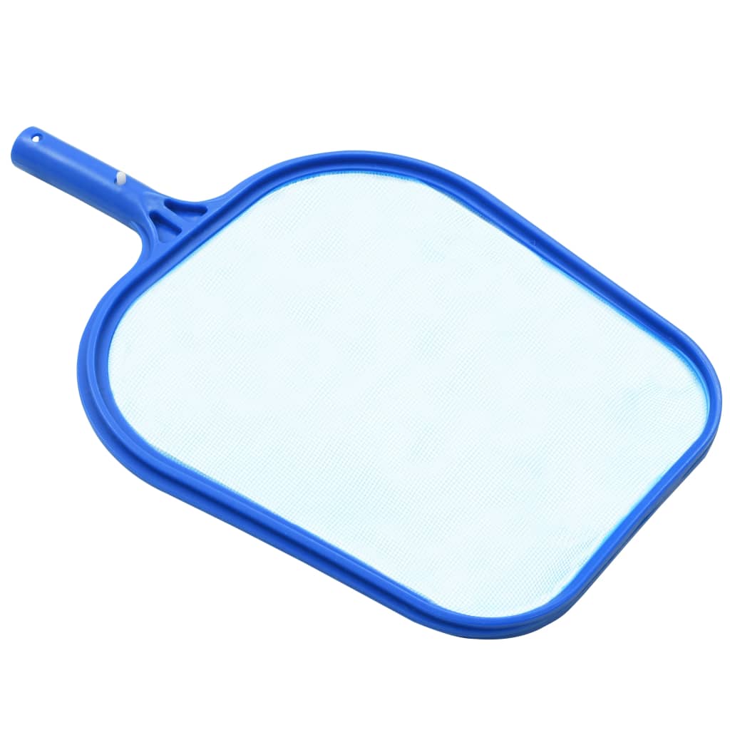 Blue plastic leaf skimmer net with handle for pool maintenance.