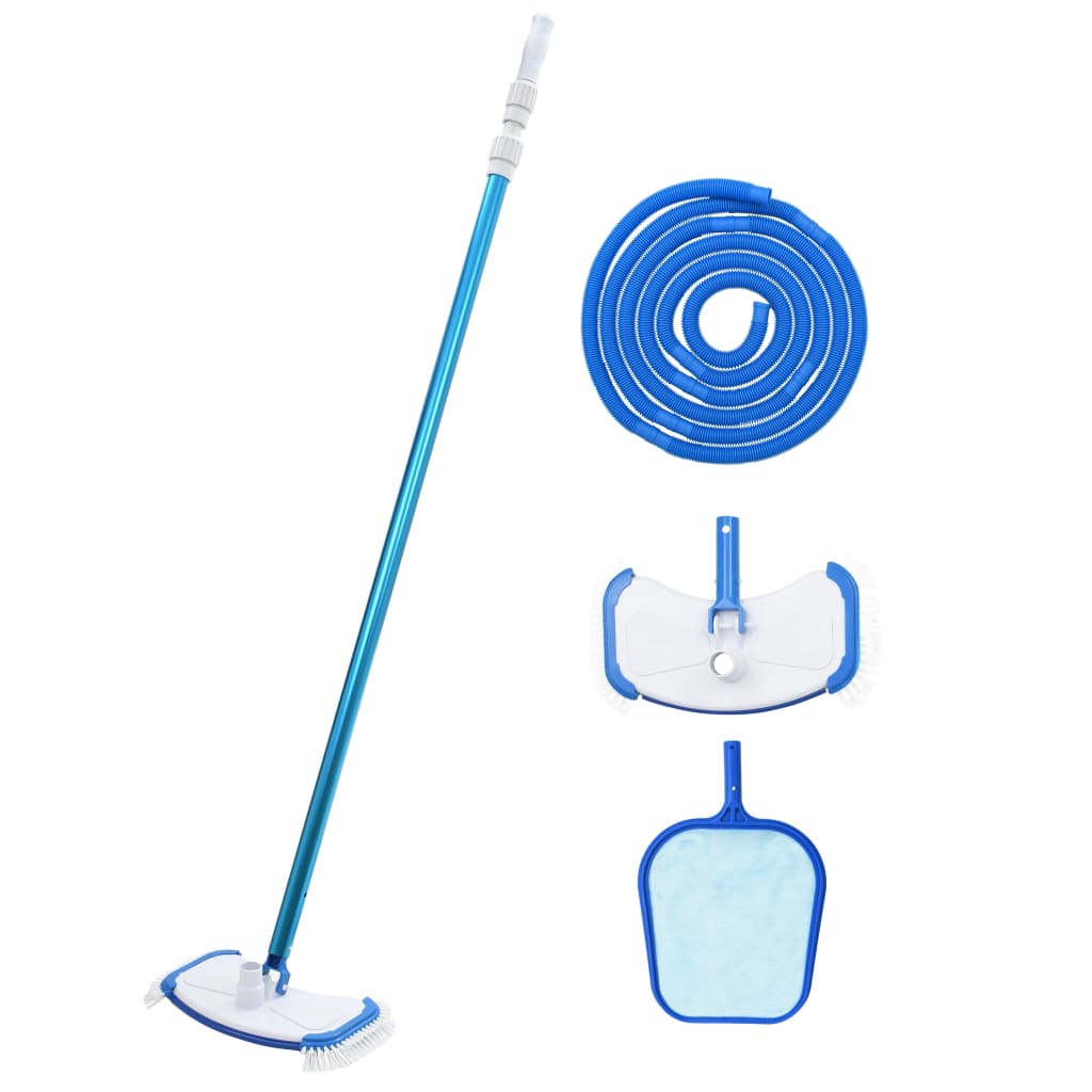 Blue 4-piece pool maintenance kit with telescoping pole, coiled hose, vacuum head, and skimmer.