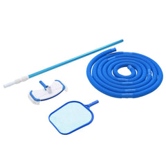 4-piece pool maintenance kit with blue vacuum head, skimmer net, telescoping pole, and coiled hose.