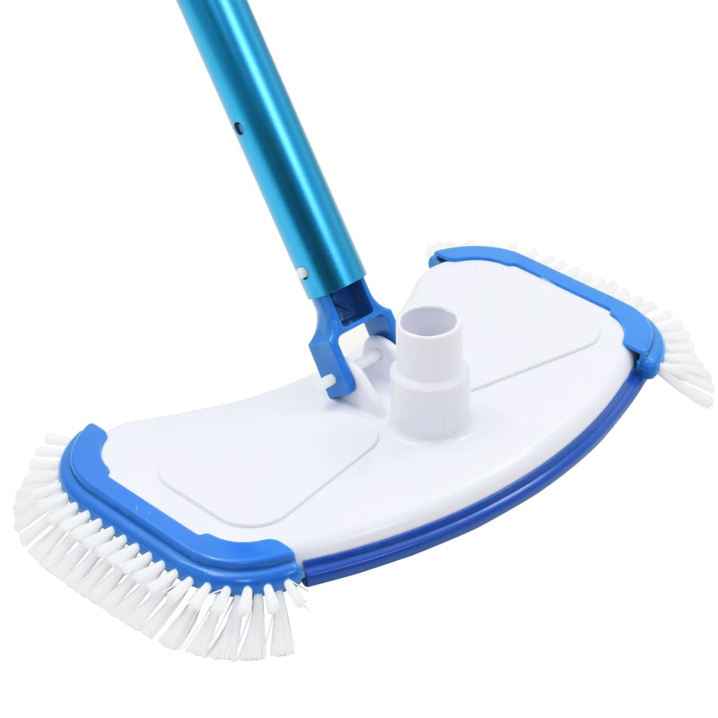 Blue telescoping pole attached to a white pool vacuum head with soft bristles.