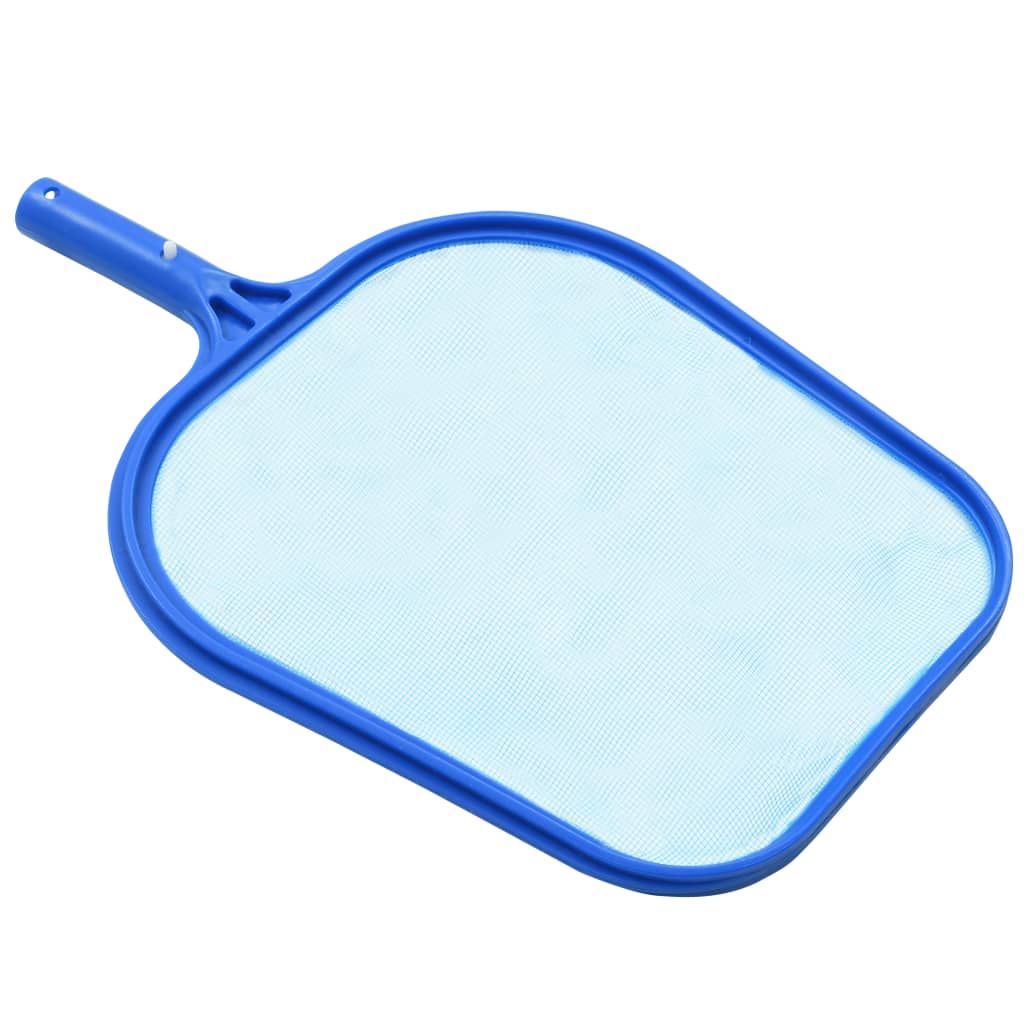 Blue pool skimmer net with handle for removing debris from water surface.