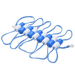 A 19.7-foot blue and white plastic swimming pool safety divider rope with nine floating buoys and clip hooks.