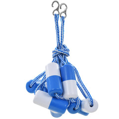 Blue and white plastic swimming pool safety divider rope with floating discs and hooks, 19.7 feet long.