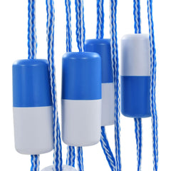 Blue and white plastic swimming pool safety divider rope, 19.7 feet long with floating discs.