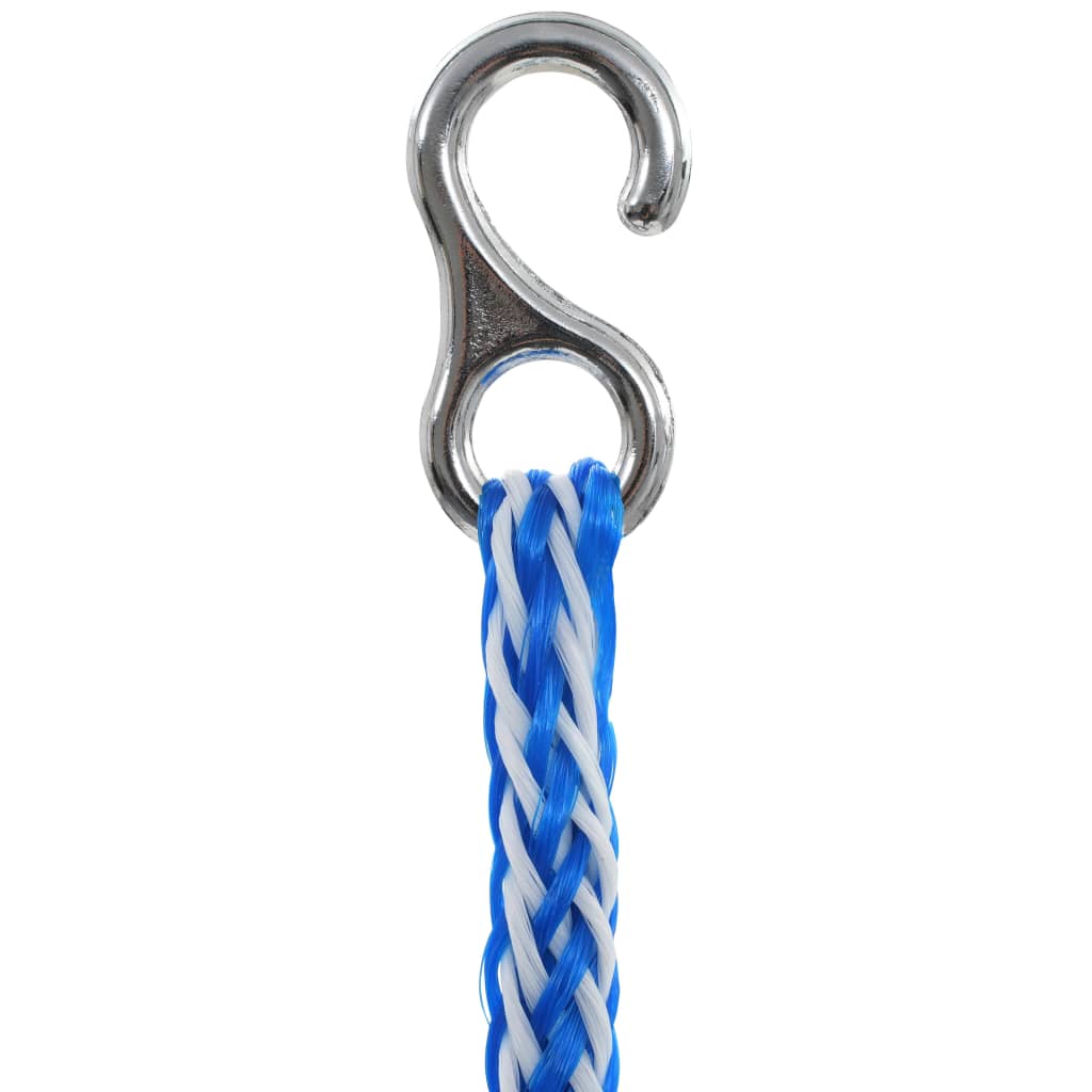 19.7-foot blue and white plastic swimming pool safety divider rope with float discs and stainless steel hooks.