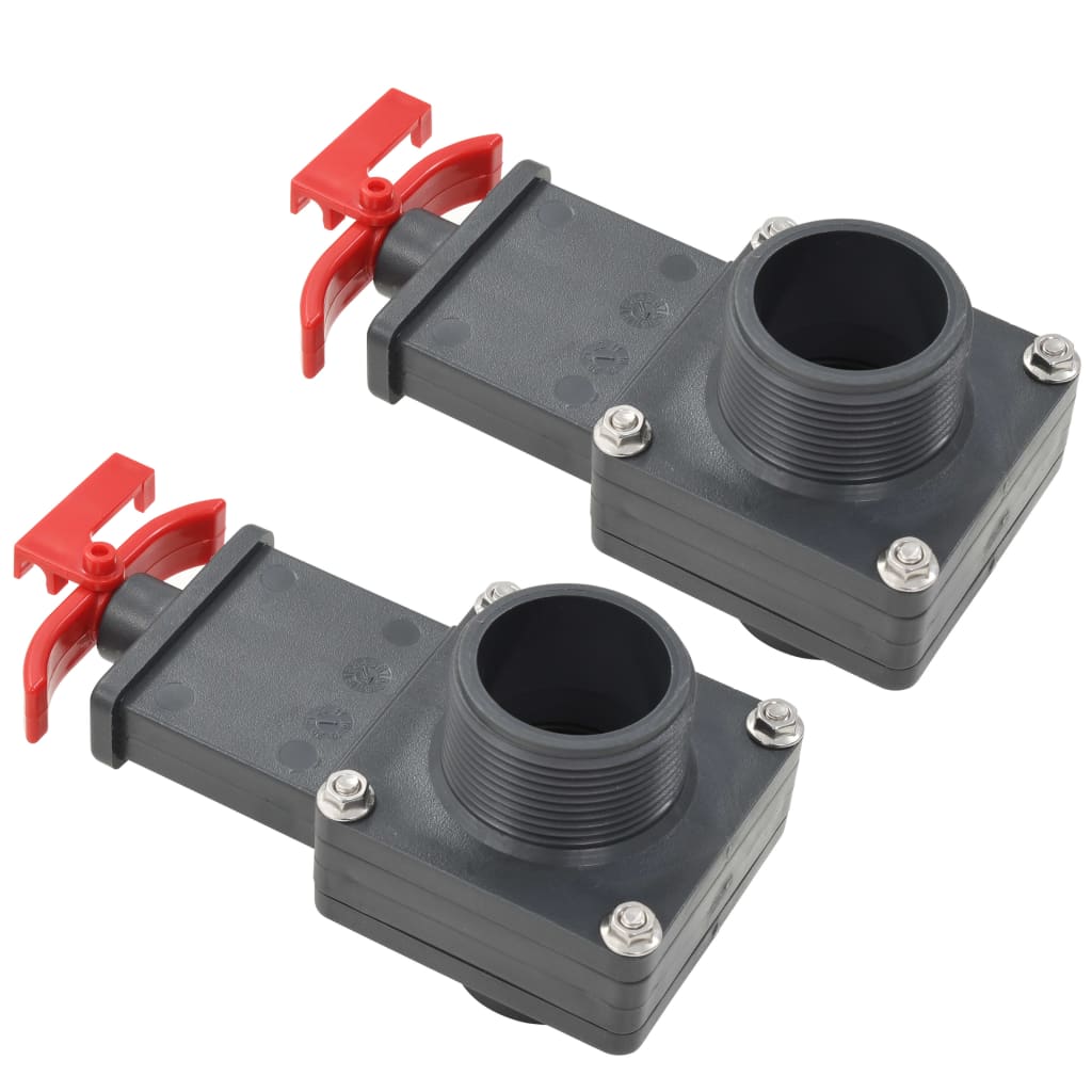 Two 1.5-inch black ABS pool gate valves with red handles and threaded ports.