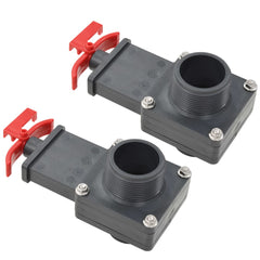 Two 1.5-inch black ABS pool gate valves with red handles and threaded ports.