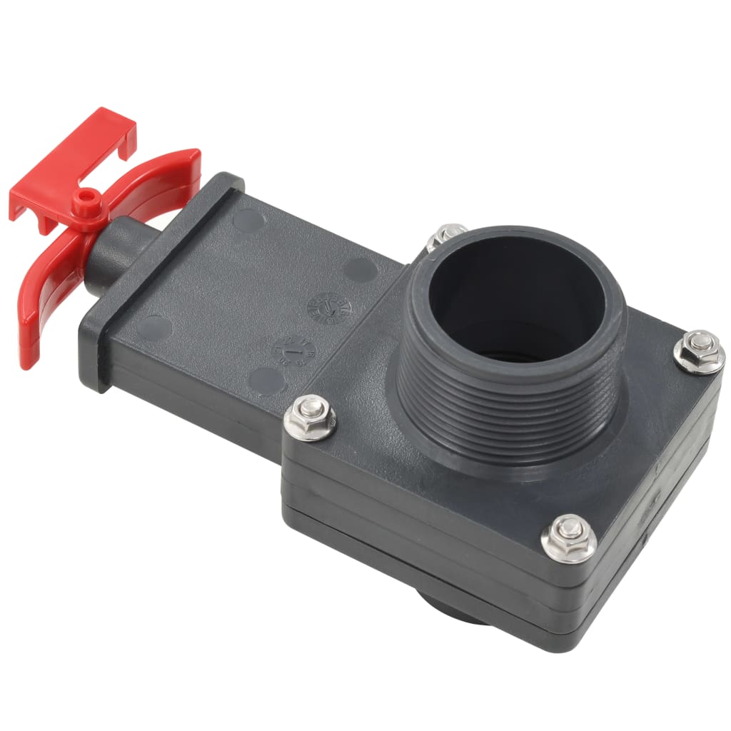 Two 1.5-inch black ABS pool gate valves with red handles and barbed ports.